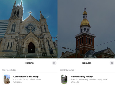 A split-screen image showing two searches, one correctly identifying a cathedral, the other misidentifying a building as the New Melleray Abbey near Dubuque, Iowa.