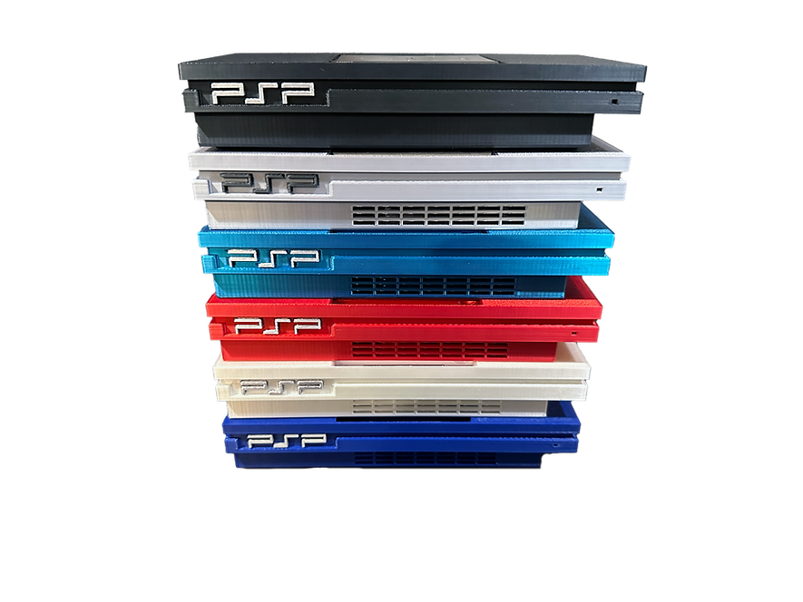 Image showing the PS Placeable in several different colors. From top to bottom: black, white, blue, dark red, beige, and a dark blueish / purple.