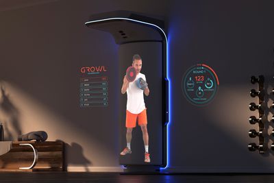 The Growl trainer attached to a wall showing a virtual training coach on its boxing bag screen.