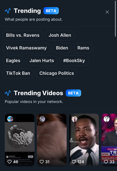 A screenshot on iOS showing Bluesky’s new trending videos tab.