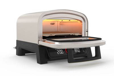 The Current Backyard Model P pizza oven with its door open.