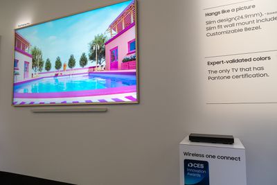 A hands-on photo of Samsung’s The Frame Pro TV at CES 2025.