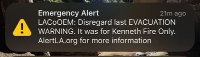 A screenshot of the alert to disregard the previous evacuation warning.