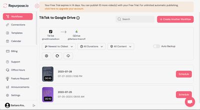 Repurpose.io screen showing a transfer from TikTok to Google Drive.