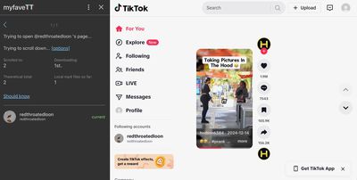 TikTok page with a sidebar showing downloads.