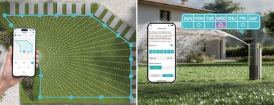 Two images detailing the functionality of the Aiper IrriSense Smart Irrigation Sprinkler.