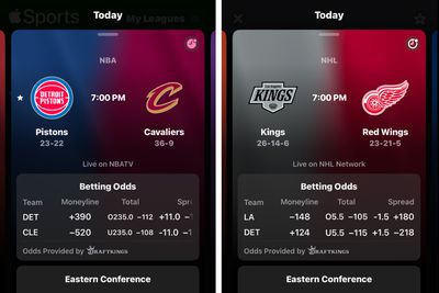 A screenshot of the Apple Sports app showing broadcast information for upcoming games.