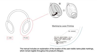 An illustration from an FCC filing demonstrating that the headphones’ name plate will be located underneath the right ear cup.